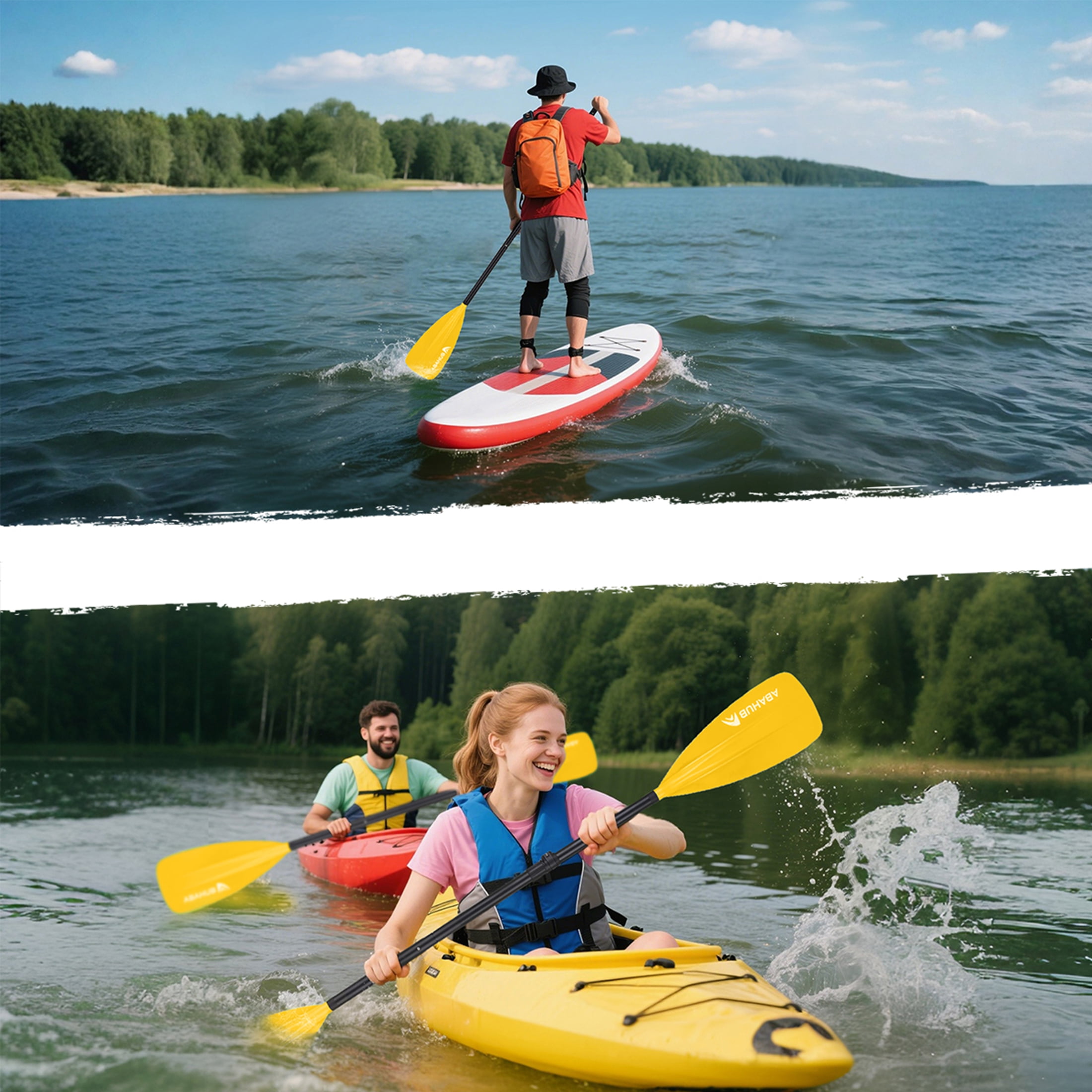 AbahubFit Paddle Oars for SUP and Kayak 2-IN-1, Adjustable Lightweight Paddle (4-Piece), Aluminum Shaft 68-84"(Yellow)