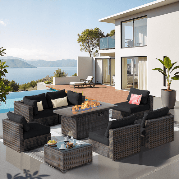 Grezone Outdoor Garden 8 Piece Patio Furniture with 43" 55000BTU Gas Propane Fire Pit Table Rattan Wicker Sectional Set, Black