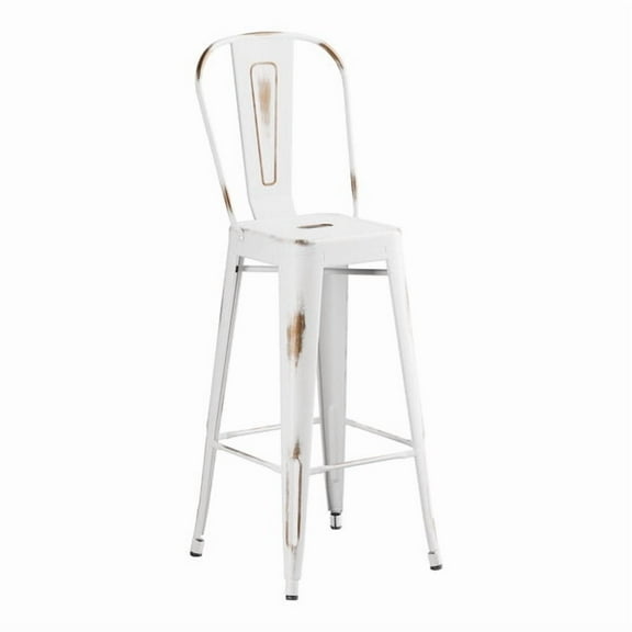 30'' High Cafe Style Distressed White Metal Restaurant Barstool Chair For Indoor or Outdoor