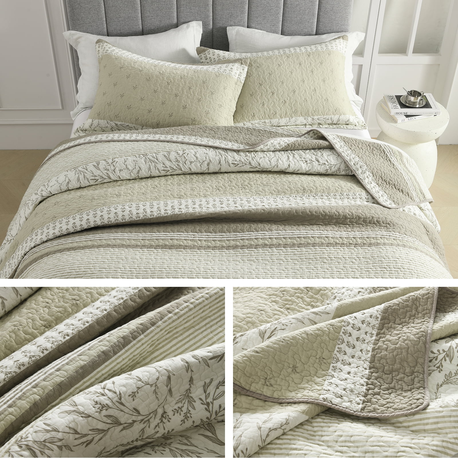 SahSahCasa Quilt Set King Size - 100% Cotton Botanical Farmhouse Quilt King Size, Lightweight Striped Quilted Bedspread, Beige Khaki King Quilt Bedding Set All Season, 3 Pieces