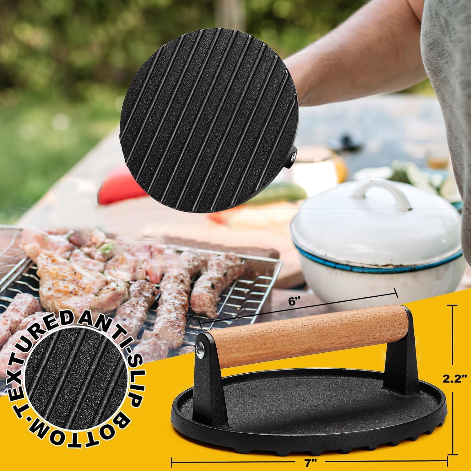 Burger Press, Smash Burger Press for Blackstone Griddle, Heavy Duty Cast Iron Round 6.9In Bacon Grill Press with Wood Handle, Meat Steak Weight for Sandwich, Paninis (Round)