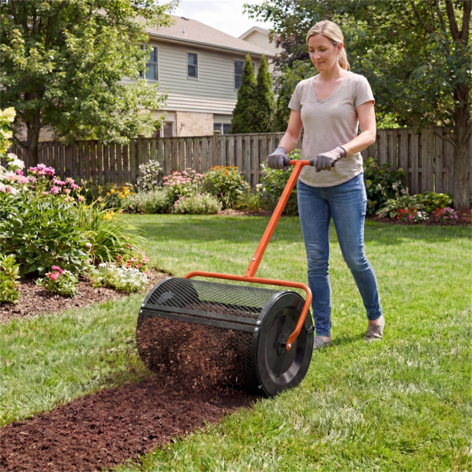 27"×16" Lawn Fertilizer Spreader with Diamond Mesh Clump-Free Garden Compost Spreader - Orange