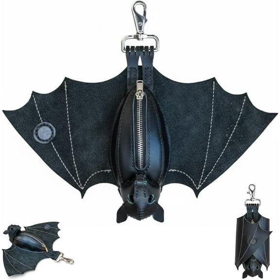 Leather Bat Coin Purse - Handcrafted 14 Inch Wingspan Gothic Coin Purse Suede Stitched for Daily Use