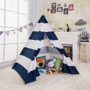 Teepee Tent for Kids with Carry Case, Natural Cotton Canvas Teepee Play Tent, Toys for Girls/Boys Indoor & Outdoor Playing (Blue Stripe Color)