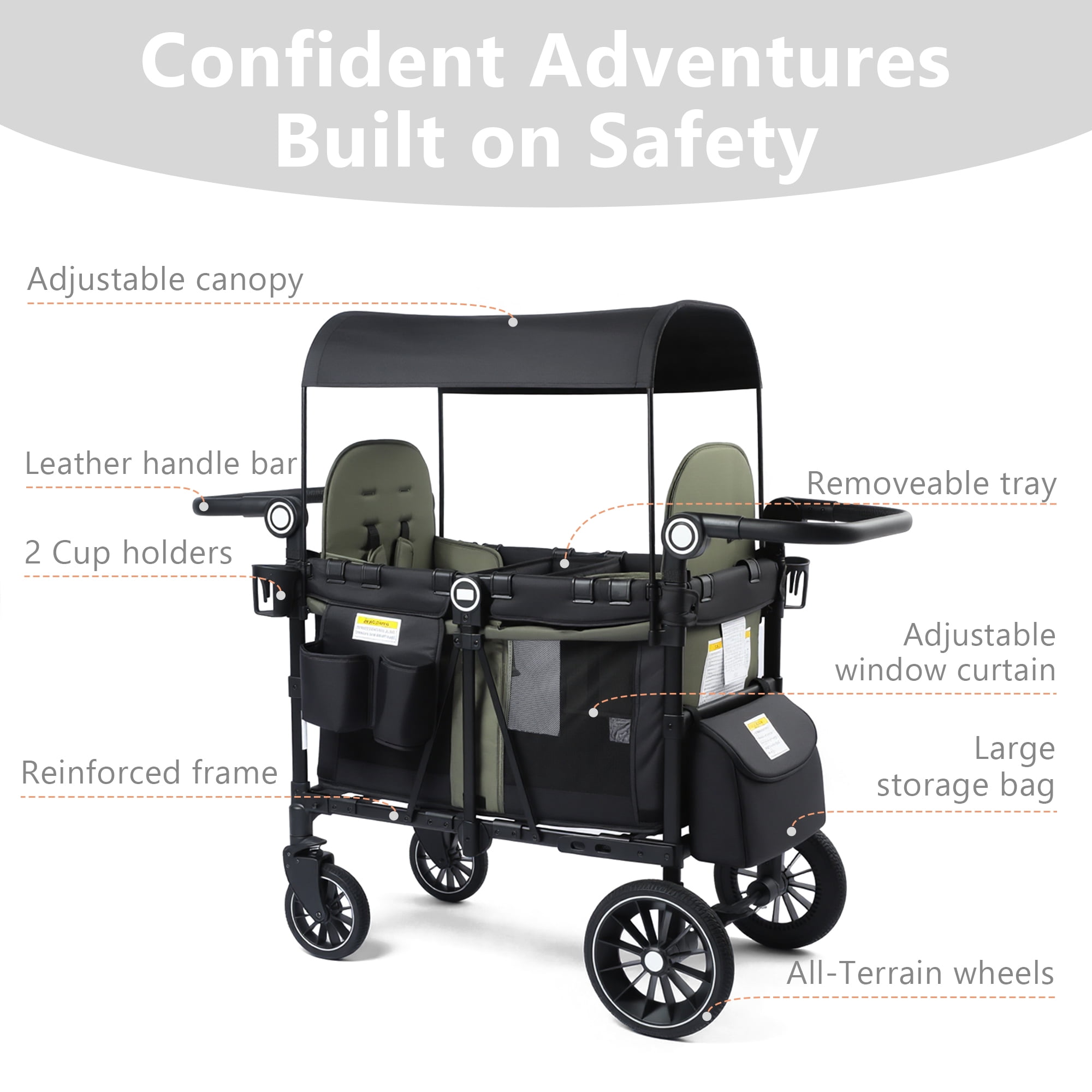 AILEEKISS Stroller Wagon for 2 Toddlers with Canopy, All-Terrain Baby Wagon Stroller,55 Pounds, Green