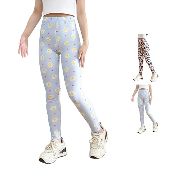 Rggeeun Baby Girl Yoga Pants Stretch Slim Fit Elastic High Waist Cute Cartoon Footprints Pattern Ankle Length Soft Lightweight For Indoor Play Fashion Trousers,Blue,8-9 Years