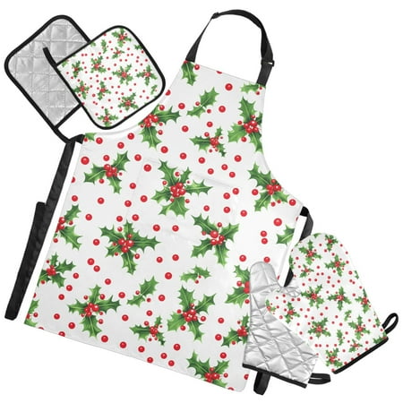 Ryvnso Christmas Fir Berry Kitchen Apron Oven Mitts Set Pot Holders
