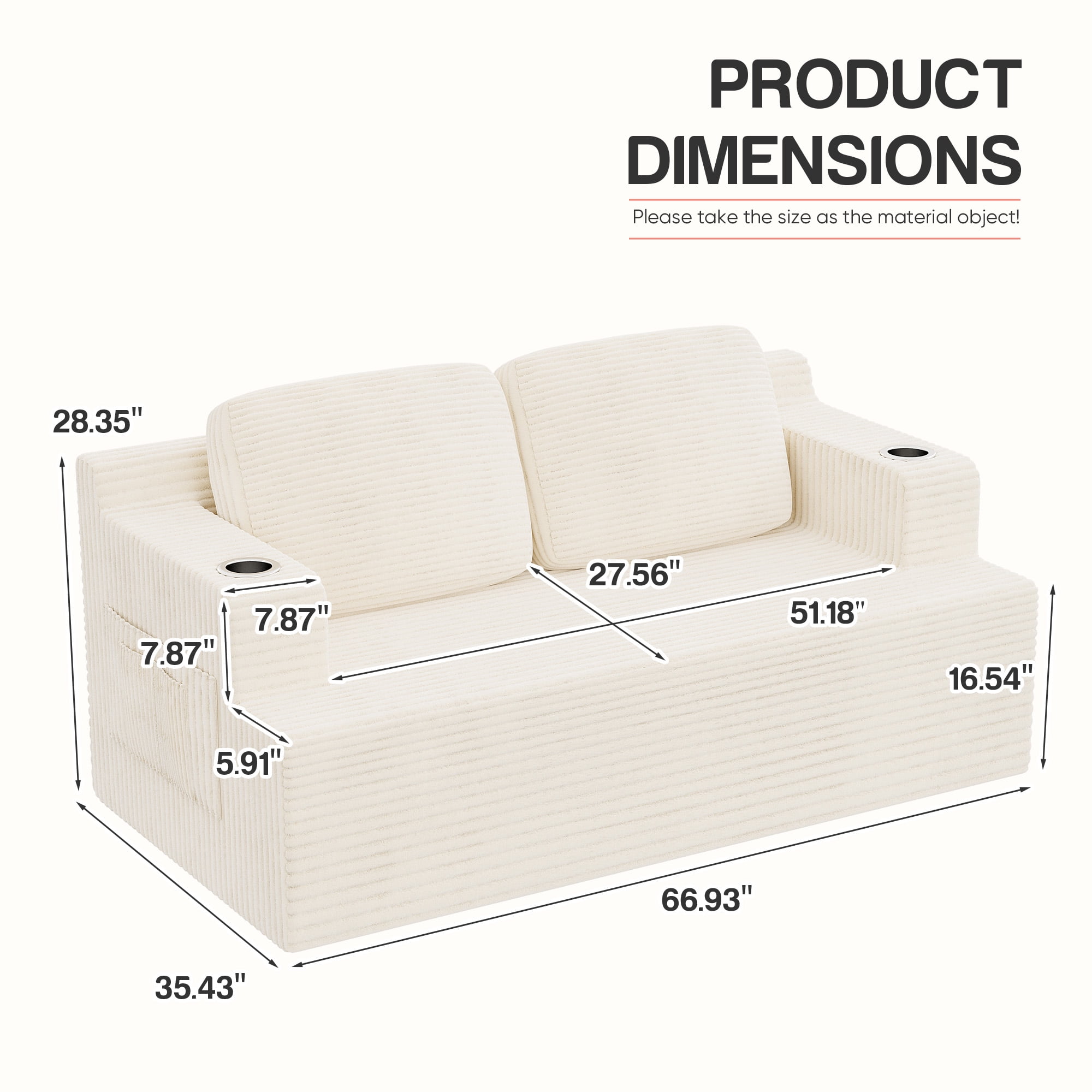 Homall Cloud Boneless Corduroy Sofa Loveseat Double-seater Couch Lounge Floor Chair for Bedroom,White