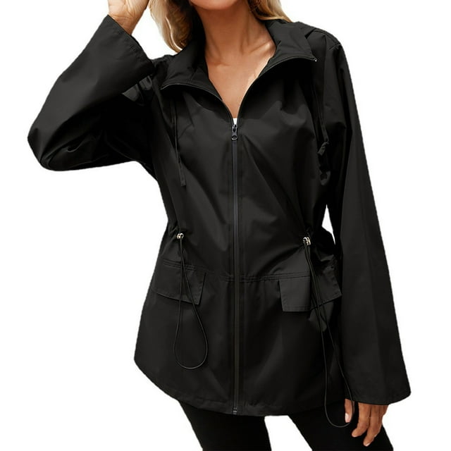 YOUSNH Imperméable à Capuche pour Femmes pour l'Automne et l'Hiver, Veste de Sport Extérieure Coupe-Vent, Manteau de Randonnée Décontracté pour Femmes, Noir TG