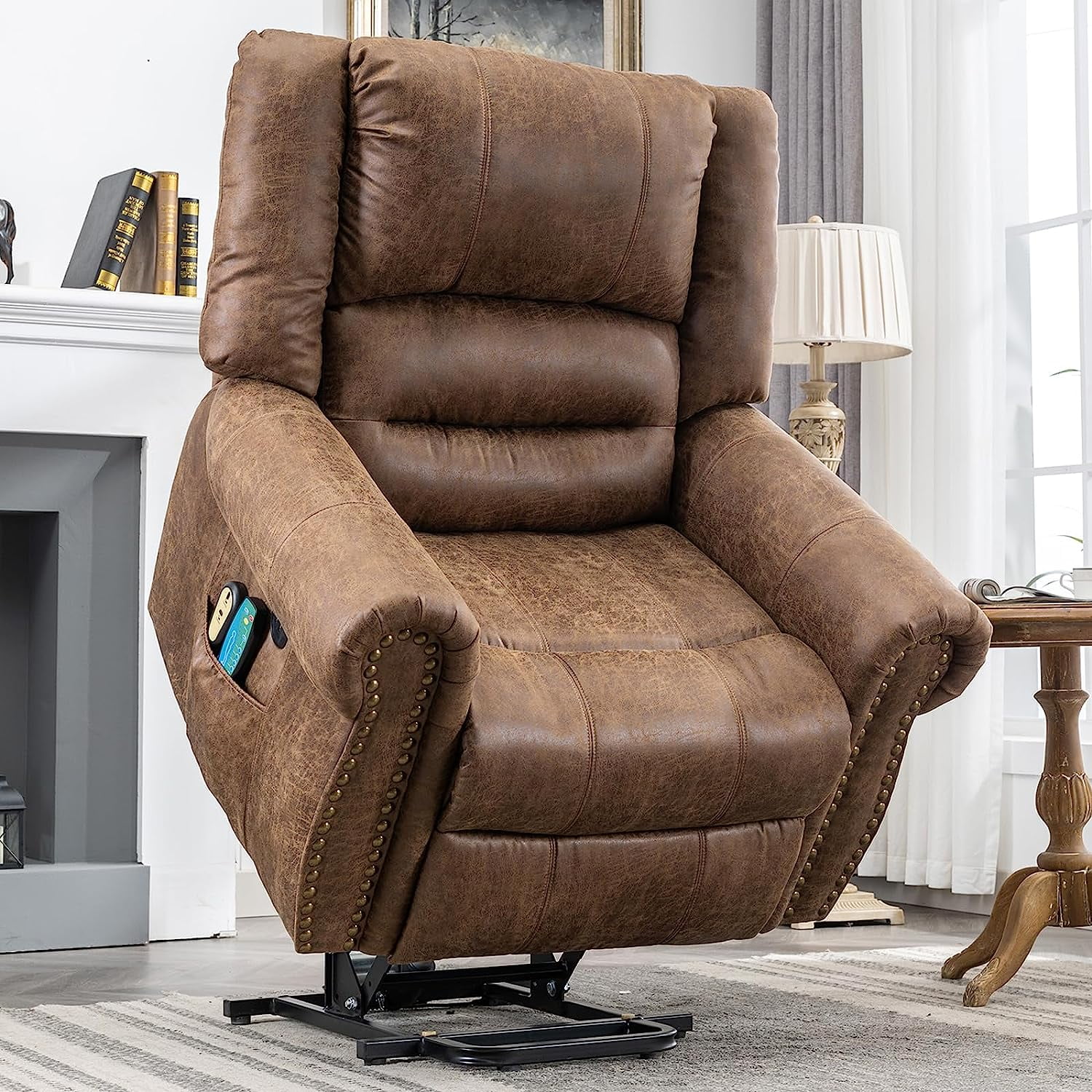 MEETWARM Large Power Lift Electric Recliner Chair with Massage and Heat, Overstuffed Wide Recliner for Elderly, Heavy Duty Recliner for Living Room with 2 Remote Controls/USB Ports/Side Pockets(Brown)