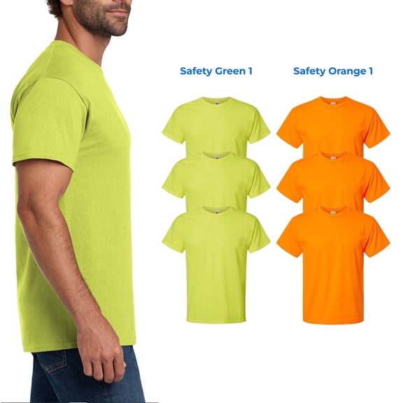 Hanes Men Essential High Visibility T-Shirt, Short Sleeve Work Tee, Safety Orange-Green, 6 Pack, S