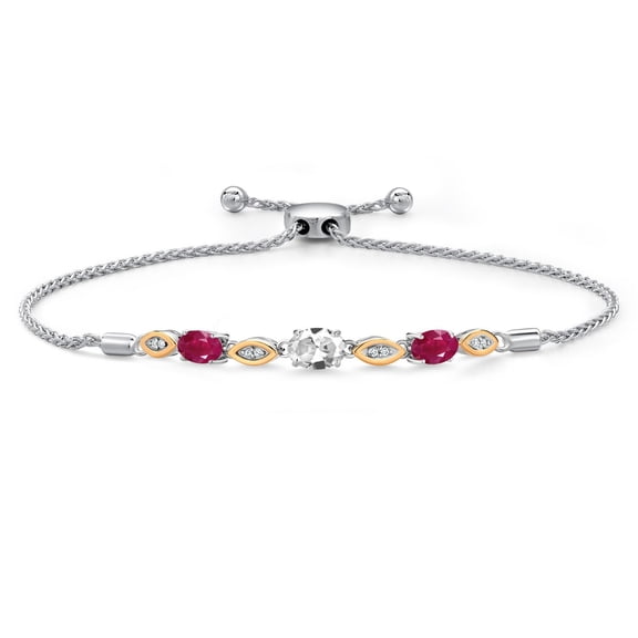 925 Silver and 10K Yellow Gold White Created Sapphire and Red Ruby and Lab Grown Diamond Bracelet for Women | 2.26 Cttw | Gemstone September Birthstone | Oval 7X5MM | Fully Adjustable 9"