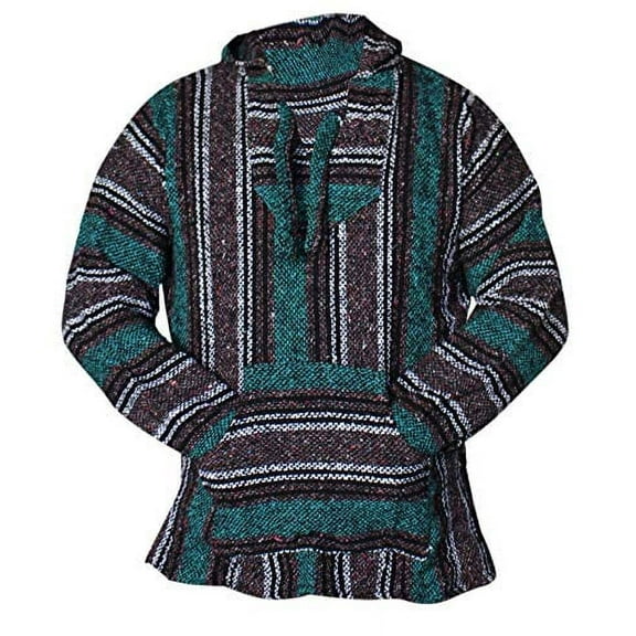 Del Mex Mexican Baja Hoodie Hippie Surf Poncho Sweater Sweatshirt Pullover Jerga (X-Large, Teal/Charcoal)