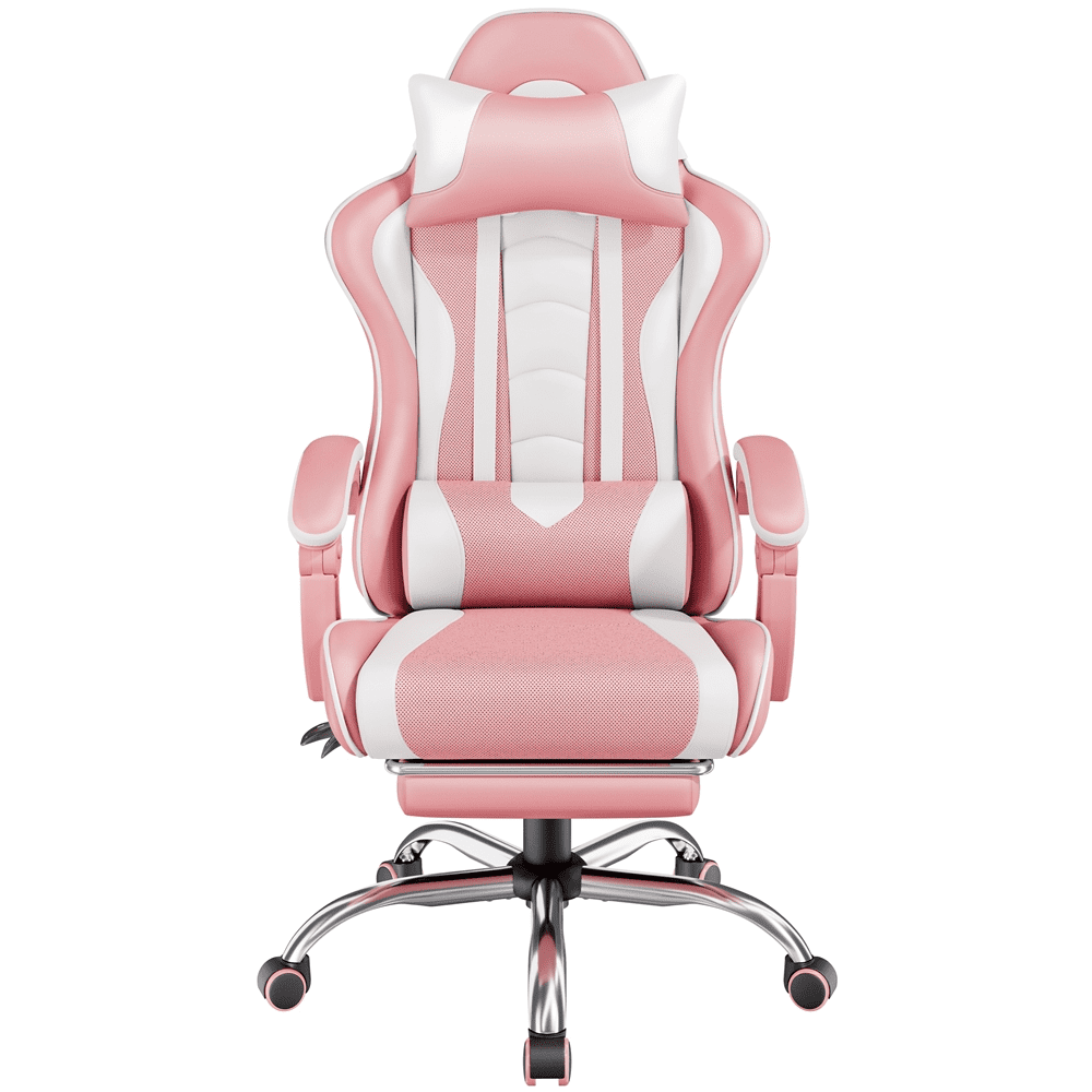 Alden Design Ergonomic High Back Gaming Chair with Massage Lumbar Pillow, Pink/White