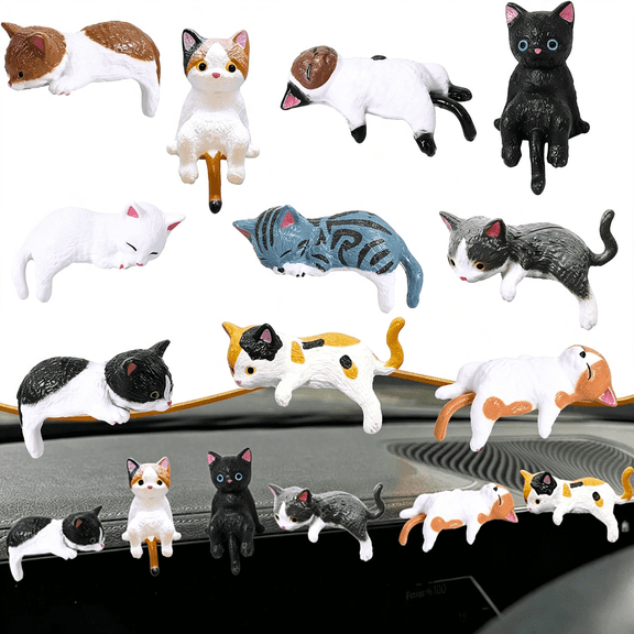 BESTSKY 10 Pcs Mini Cat Figurines Desk Cats for Car Dashboard Decor | 10 Assorted Mini Cats in Lounging and Hanging Poses, Car Accessories for Women, Monitor Decor and Dashboard Decorations