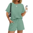 thumbnail image 4 of Two Piece Sets for Women Summer Crew Neck Lounge Short Sets Cap Sleeve Drawstring Sweatsuit with Pocket, 4 of 6