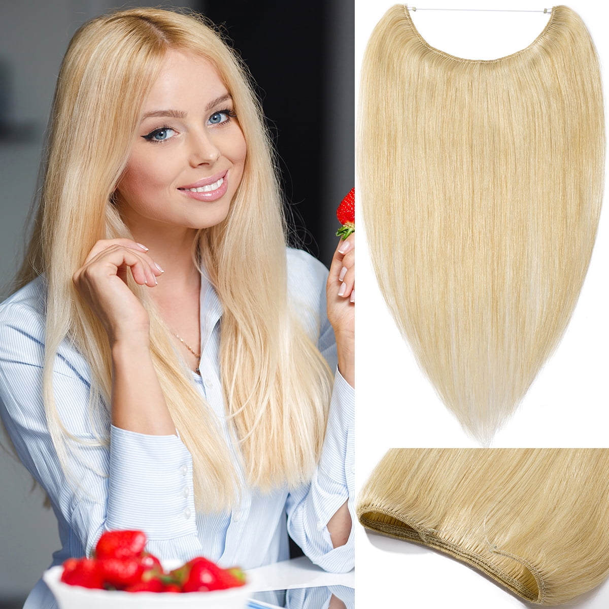 SEGO Wire in Human Hair Extensions Hidden Hair Extensions with Invisible Band Translucent Fish Line Hairpiece without Clip