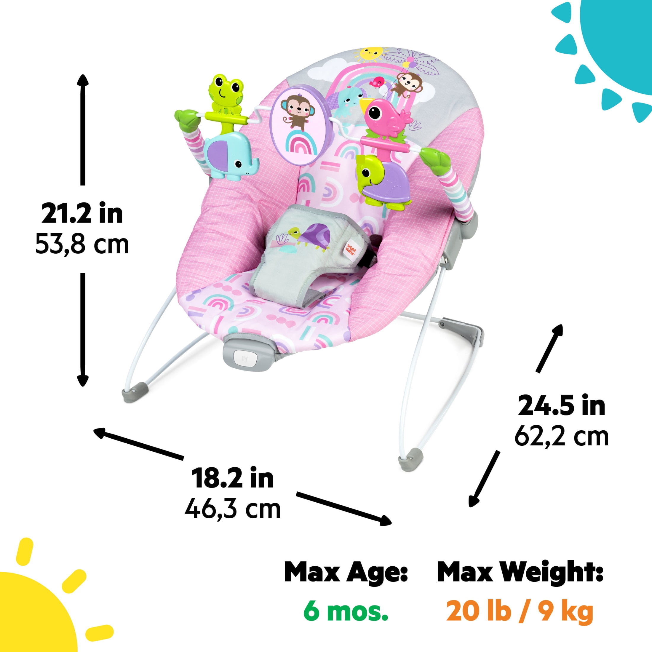 Bright Starts Pink Paradise Portable Baby Bouncer with Vibrations, Newborn, Unisex