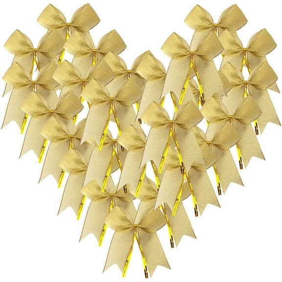50 Pieces Gold Christmas Tree Glitter Bows, Twist Tie Bows for Treat Bags Gift Wrapping Basket Wedding Birthday Valentine Christmas Tree Wreath Garland Decoration