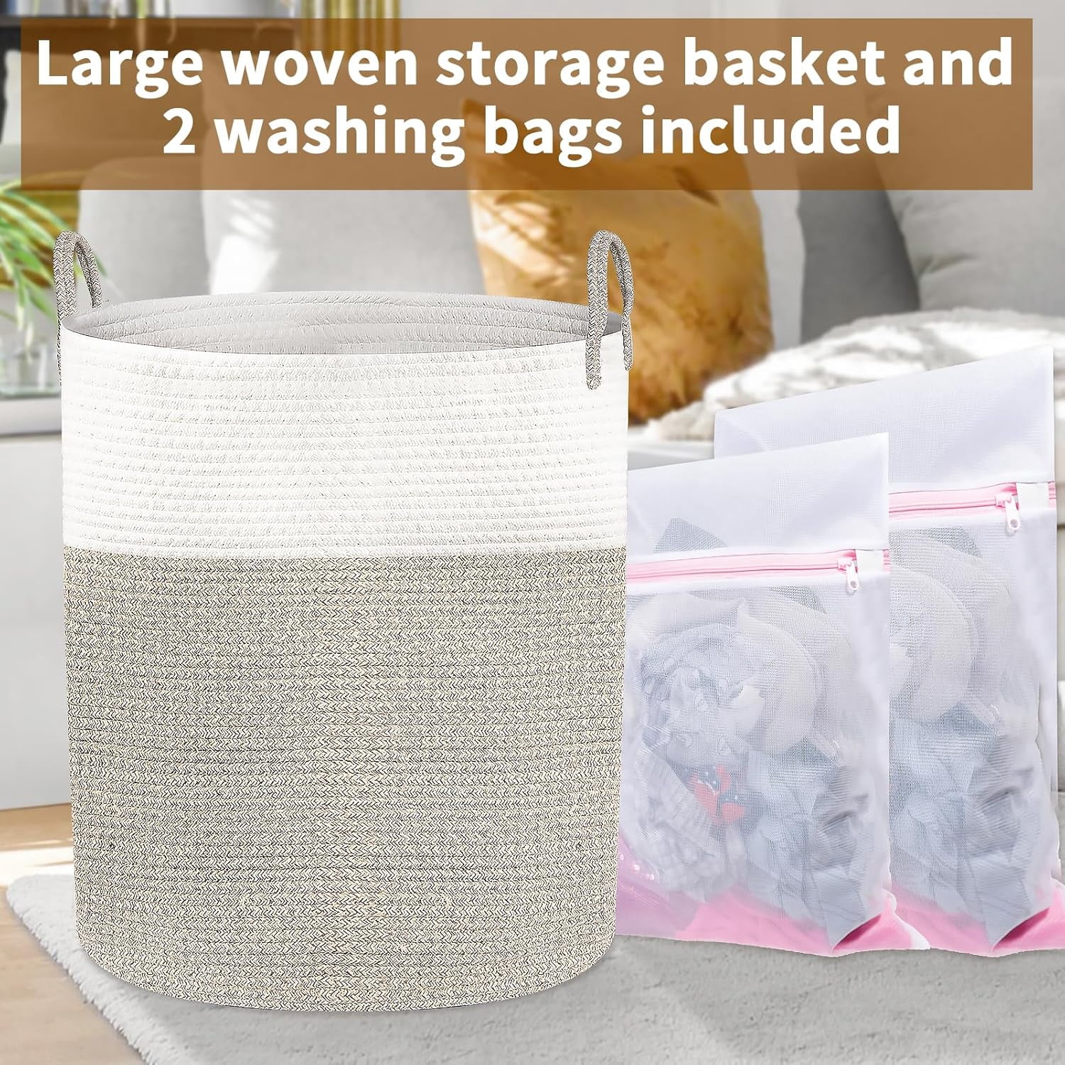 Laundry Basket Large Woven Rope Laundry Hamper 60L Foldable Tall Storage Basket with Handle for Decor Storage of Dirty Clothes Toys and Blankets in Bathroom Bedroom Living Room White & Brown