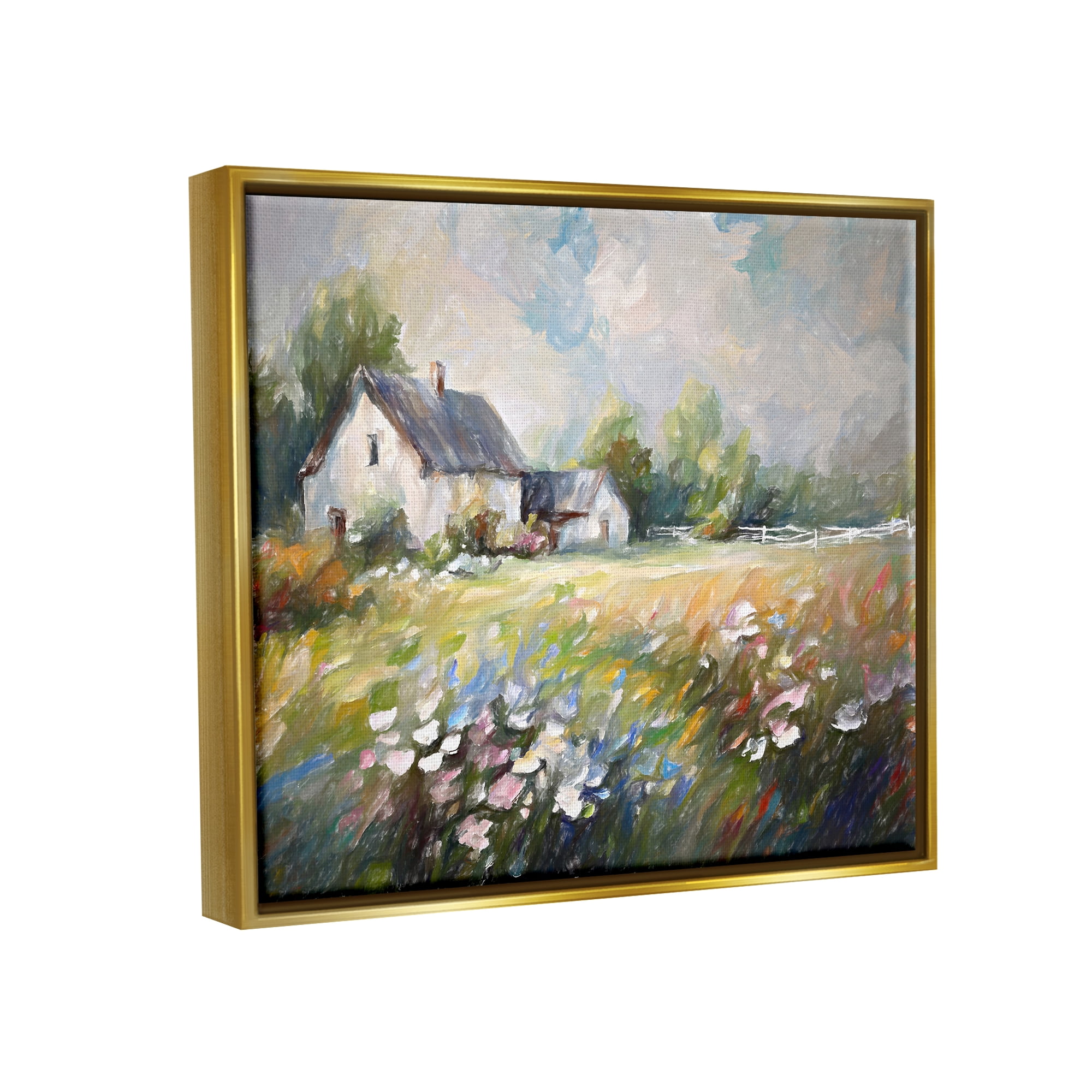Stupell Industries Windblown Flowers Farmhouse Landscape Painting Gold Floater Framed Canvas Art Print Wall Art, 21 x 17