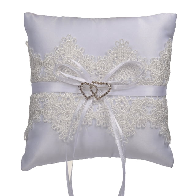 Monstrate Almohada de encaje Caja de almacenamiento de joyas con lazo blanco Exquisitos anillos vintage Cojín Compromiso Matrimonio Suministros festivos Decoración del hogar Monstrate HA078185-01