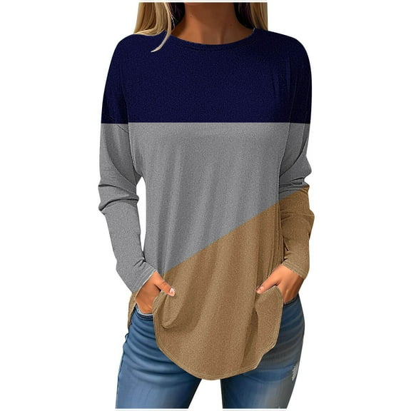 Scyoekwg Womens Long Sleeve Tops Dressy Cewneck Dressy Tops for Leggings Lightweight Vintage Casual Fall Clothes Loose Color Block Patchwork Graphic Tee Blouses
