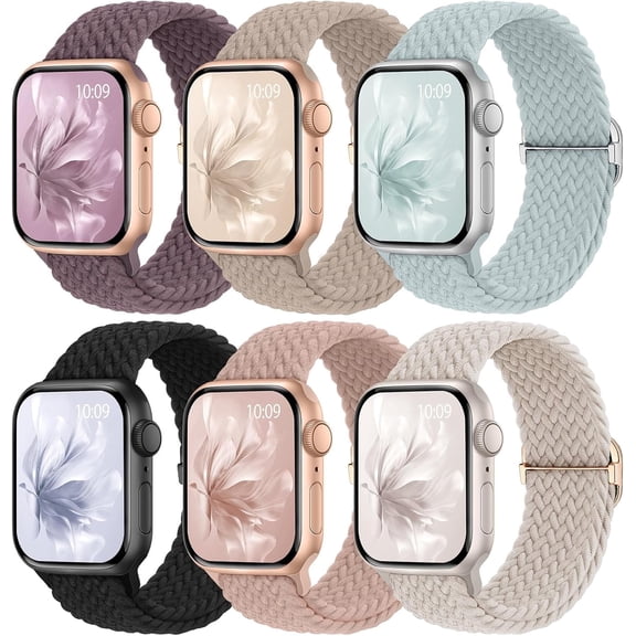 6 Pack Braided Stretchy Bands Compatible with Apple Watch Band 42mm 44mm 45mm 46mm 49mm Women Men, Adjustable Nylon Solo Loop Elastic