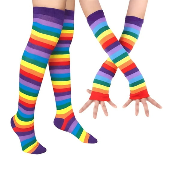 RYLZX Womens Rainbow Socks Striped Knee High Socks Arm Warmer Fingerless Gloves Set  can be used as Christmas decorations / gifts for friends ， family