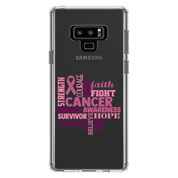 DistinctInk Clear Shockproof Hybrid Case for Samsung Galaxy Note 9 - TPU Bumper Acrylic Back Tempered Glass Screen Protector - Pink Ribbon Cancer - Word Art