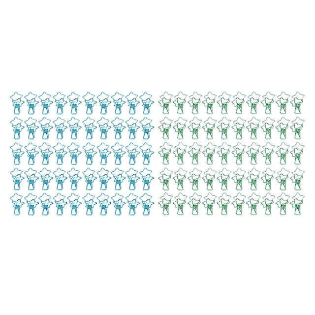 100 clips de carpeta con forma de estrella, de gran fuerza de sujeción, con bonitos dibujos de metal resistentes, para papel, color azul y verde.