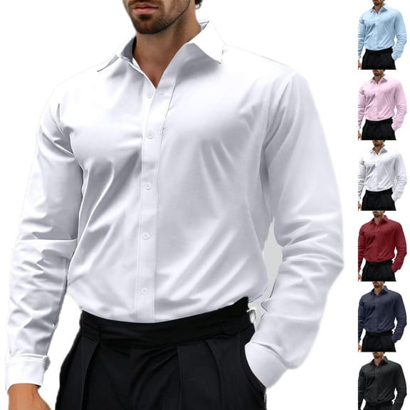 LEKWK Mens Dress Shirt Long Sleeve Button Down Collared Work Tops Office Slim Fit Solid Color Business Tees formal Casual Tops White L
