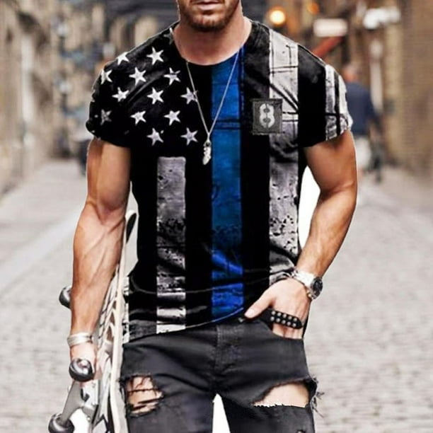 ICHUANYI Clearance Fashion Man Casual O-Neck Independence Day Short Sleeve Loose T-Shirt Blouse(Black, XXXXXL) Ichuanyi Ichuanyi
