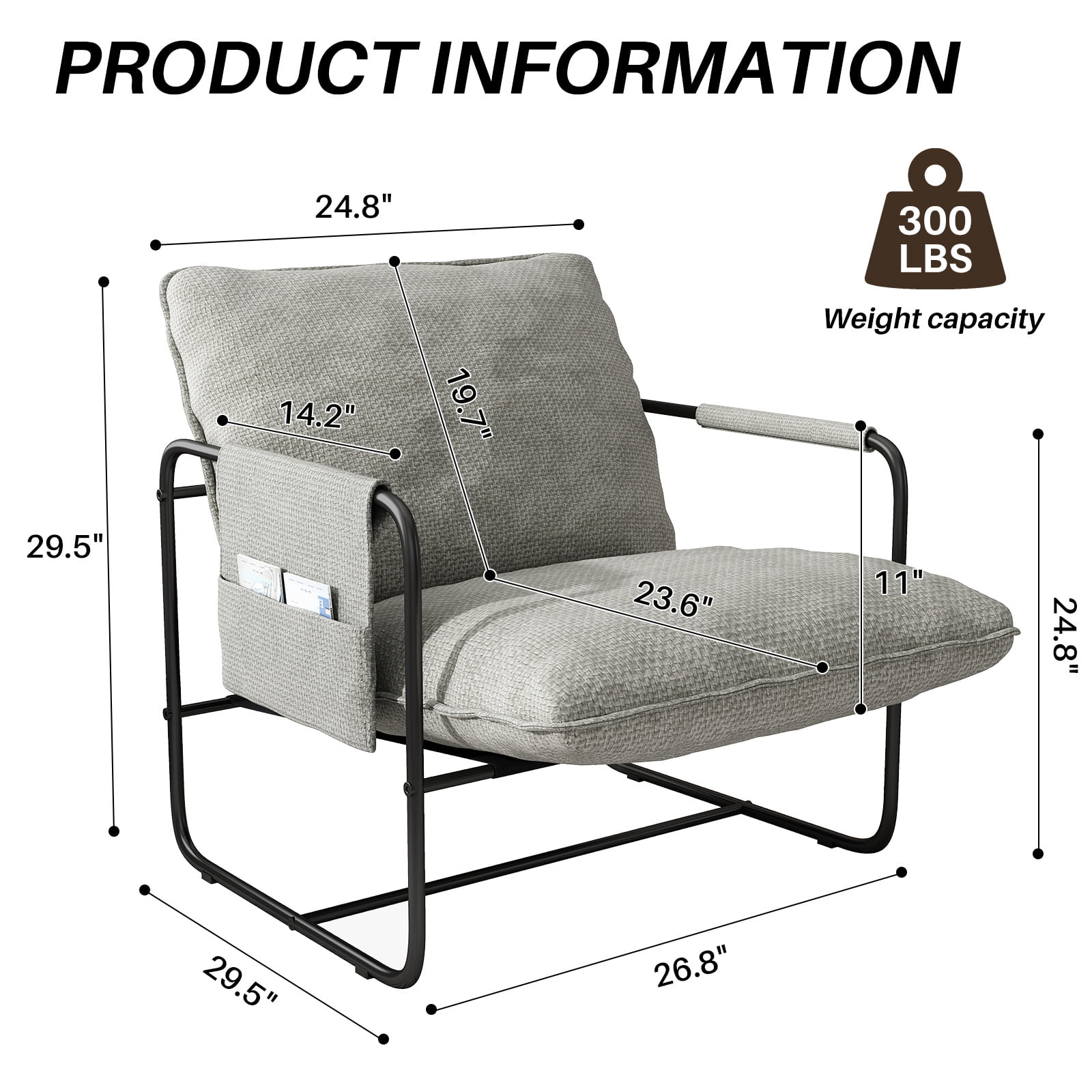 HomeZeer Metal Framed Sling Accent Chair, Living Room Accent Arm Chair with Removable Storage Bag, Linen Fabric Upholstered Leisure Chair for Reading Room, Beige
