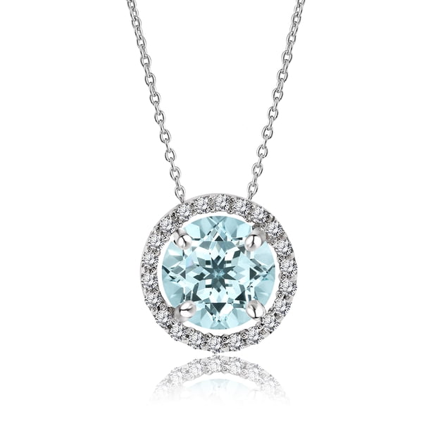 JeenMata Solitario de talla redonda de 1,25 quilates - Aguamarina - Collar con colgante de halo con piedra natal de marzo chapado en oro blanco, adulto, mujer