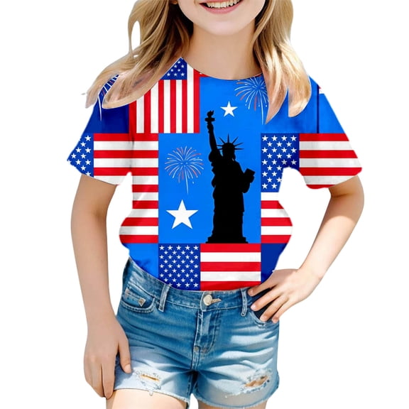 Ruyang Girls 4th of July T Shirt Statue of Liberty American Flag Firework Print Short Sleeve Summer Casual Patriotic Tee Tops