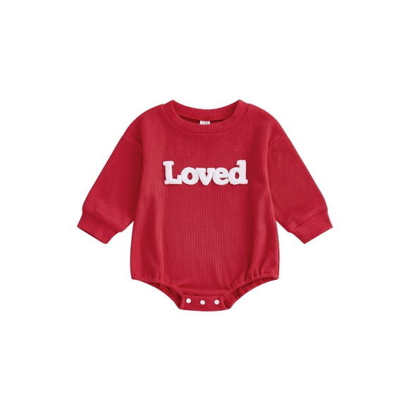 BemeyourBBs Newborn Baby Girl Boy Valentine Day Outfit Bubble Romper Loved Letter Embroidery Long Sleeve Bodysuit Fall Spring Clothes