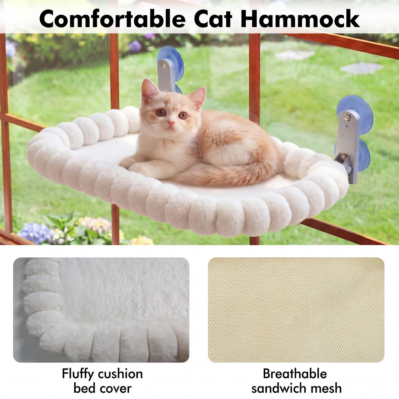 Cat Window Perch, Cordless Cat Hammock with 4 Strong Suction Cups, Foldable Metal Frame & Soft Washable Cover, Indoor Bed for Large Cats & Kittens