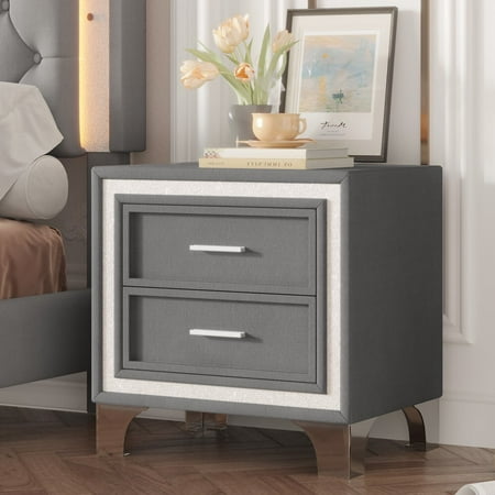 Oufan Mid Century Nightstand with 2 Drawers, Upholstered Nightstand with Storage, Bedside Table End Table with Silver Glitter Strip & Metal Legs for Bedroom, Living Room, Easy Assembly, Gray