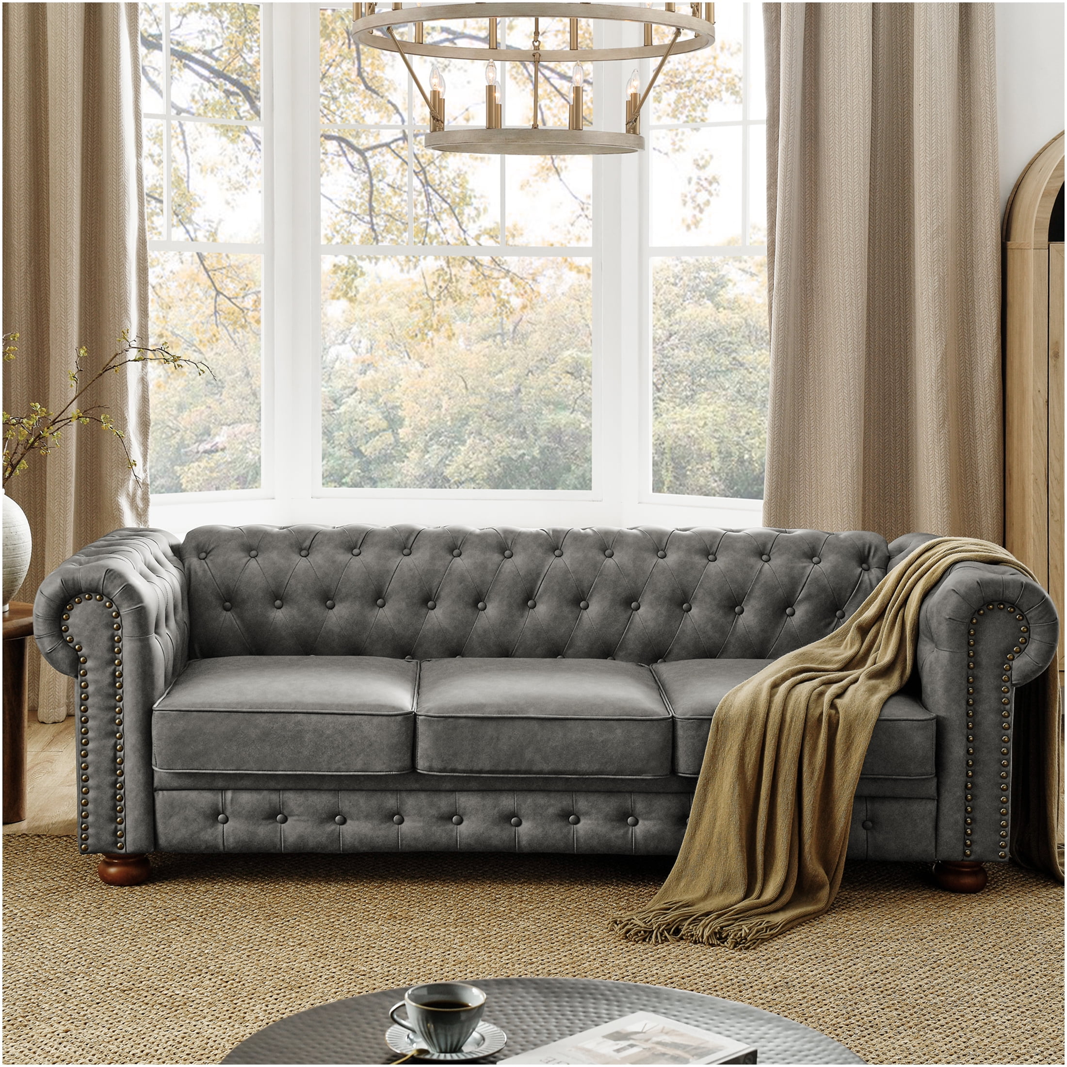 Faux Leather Chesterfield Sofa, 88'' Button Tufted Upholstered