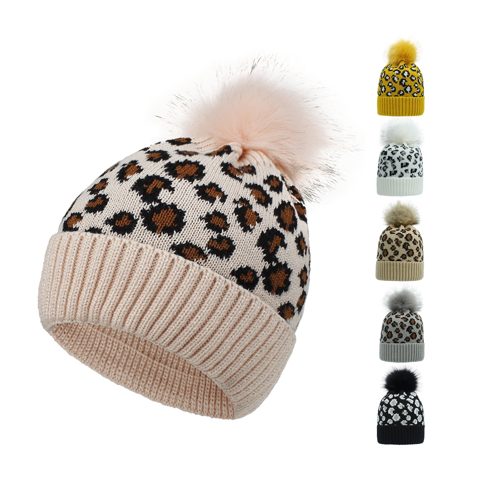 Fashion Women Leopard Knit Beanie Pom Cap Warm Winter Skull Hat Ski Outdoor Hats 