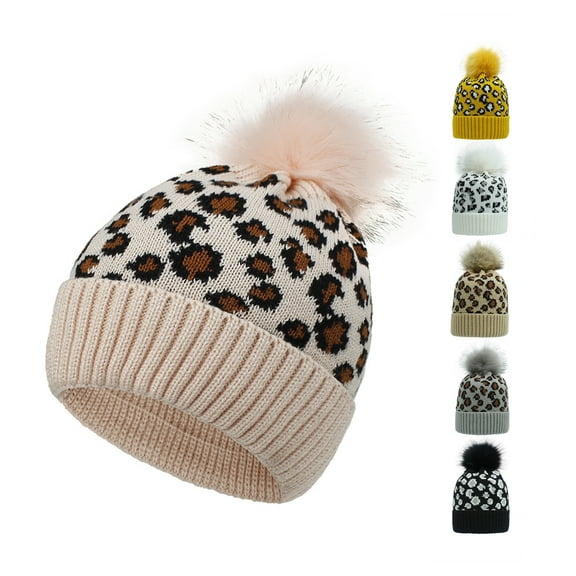 Windfall Womens Leopard Knitted Beanie Hat with Pom Warm Knit Skull Cap Winter Beanie