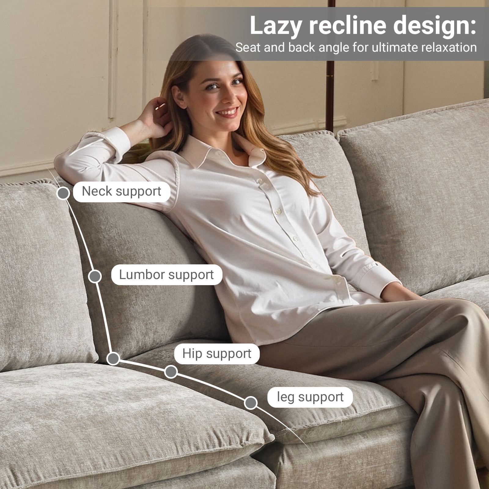 Ktaxon 120" W Sectional Sofa U Shaped Couch with Double Chaise Chenille Sleeper Set with 3 Oversized Seats Light Gray