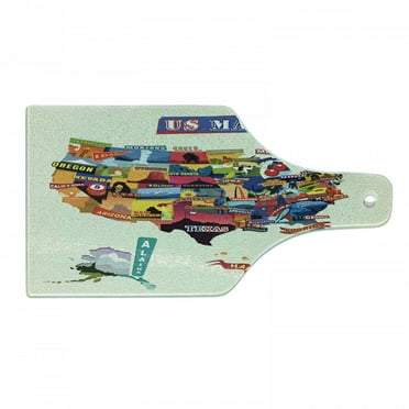 Wanderlust Cutting Board, US Map Seashore and Sunflowers Tourist Attractions Jersey Cow Milk Corn Field, Tempered Glass Cutting and Serving Board, Wine Bottle Shape, Multicolor, by Ambesonne