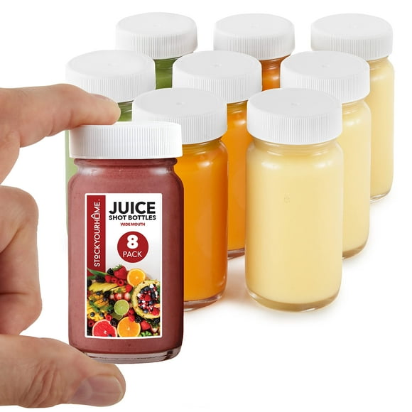 Stock Your Home Glass Shot Bottles with Caps (8 Pack) 2 Oz Juice Wellness or Ginger Shots Bottle - Leak Proof Dishwasher Safe Mini Jars with Plastic Lids - Reusable Small Juicing Containers