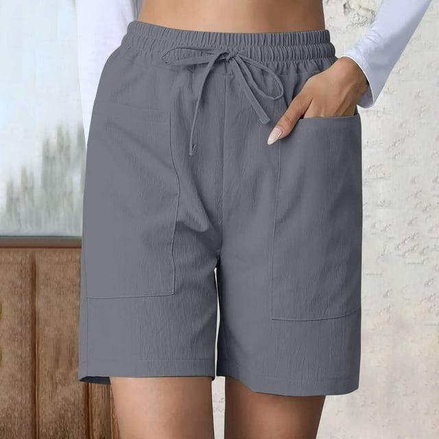 Styesk Shorts for Women Women Solid Color Wrinkle Elastic Drawstring Waist Shorts Pocket Drawstring Casual Shorts