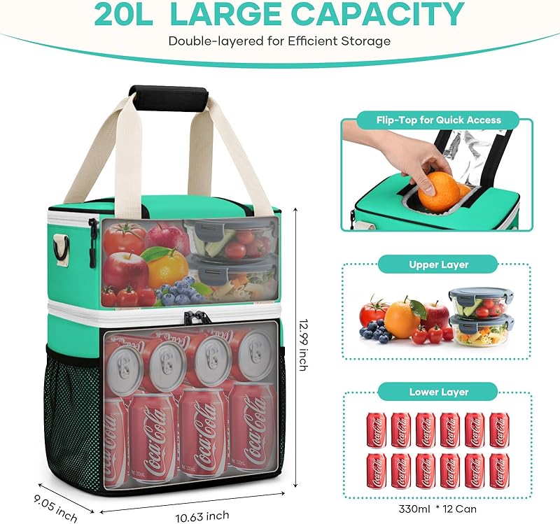 Maelstrom Lunch Box for Women, 20L Insulated Lunch Bag Men, Leakproof Double Deck Cooler Bag, Soft Lunch Cooler with Quick Access Flip-Top Lid for Work, Beach,Travel, Camping