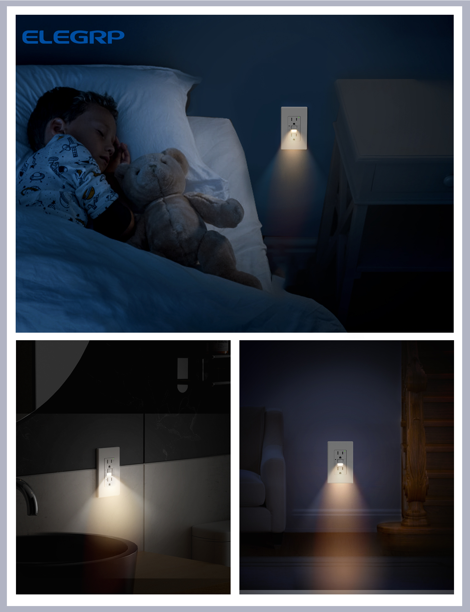 ELEGRP GFCI Outlet w/Nightlight, 15 Amp Self-Test GFI Electrical Outlet, Thinner Design, Tamper Resistant GFCI Receptacle, Ground Fault Receptacle w/Screwless Wall Plate, UL Listed, White 6PC