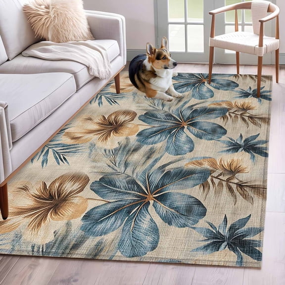 Blue Brown Botanical Area Rug 3x5 Washable Rug Non Slip Farmhouse Flowers Summer Large Area Rug Indoor Floor Carpet for Entryway Bedroom Kitchen Living Room Home Office Dining Room Nursery