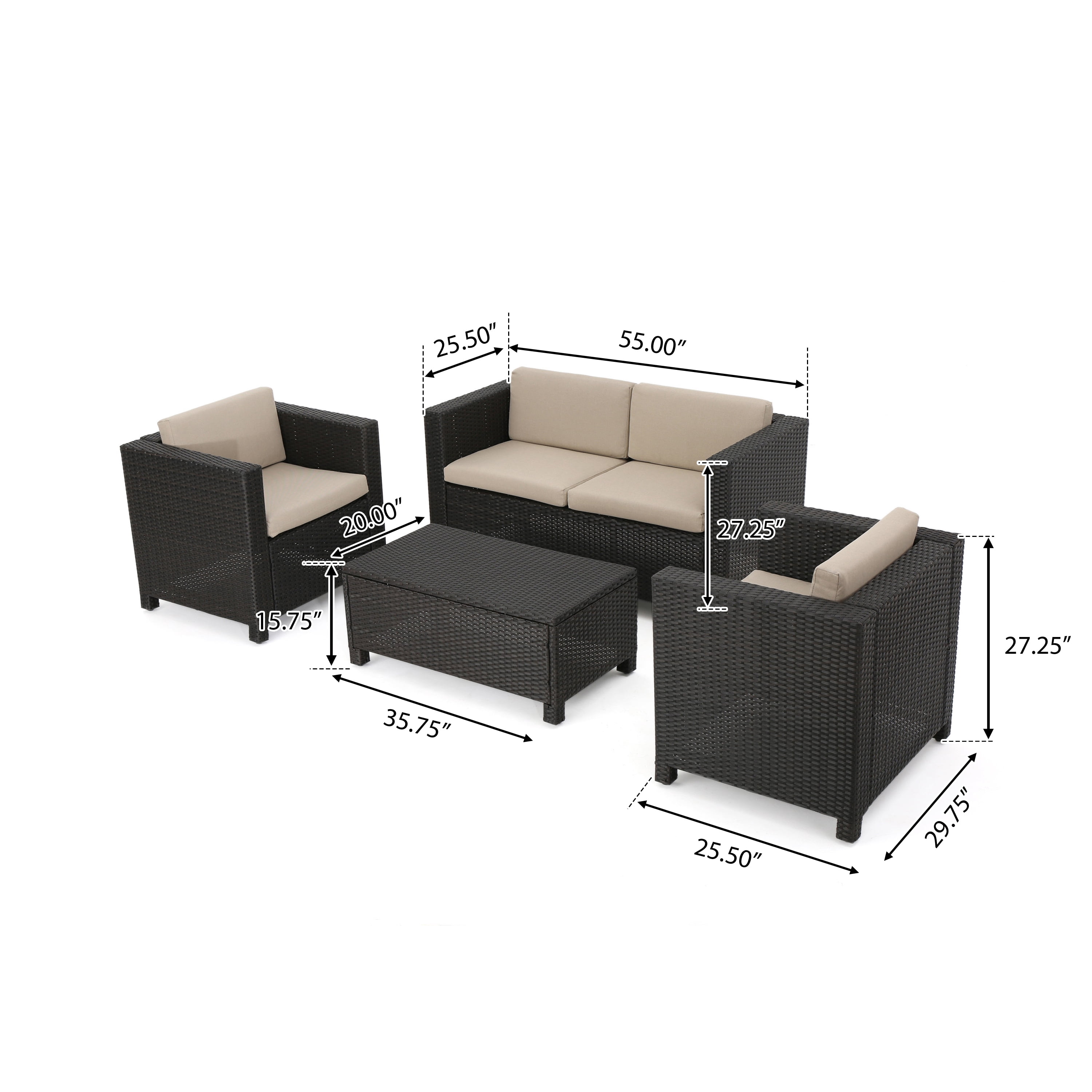 Outdoor Sofa Set 4 Piece, Patio Furniture Set, Wicker Sofa Set with Loveseat 2 Chairs Table, All-Weather PE Rattan and Water-Resistant Cushions, Modern Outdoor Seating, Dark Brown
